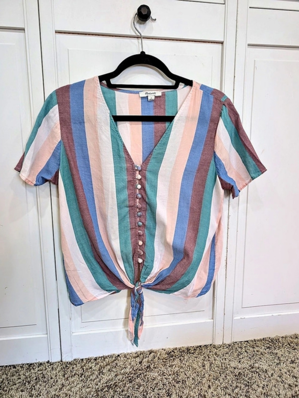 Madewell Novel Tie-Front Top in Stripe Pink & Blue Size Small